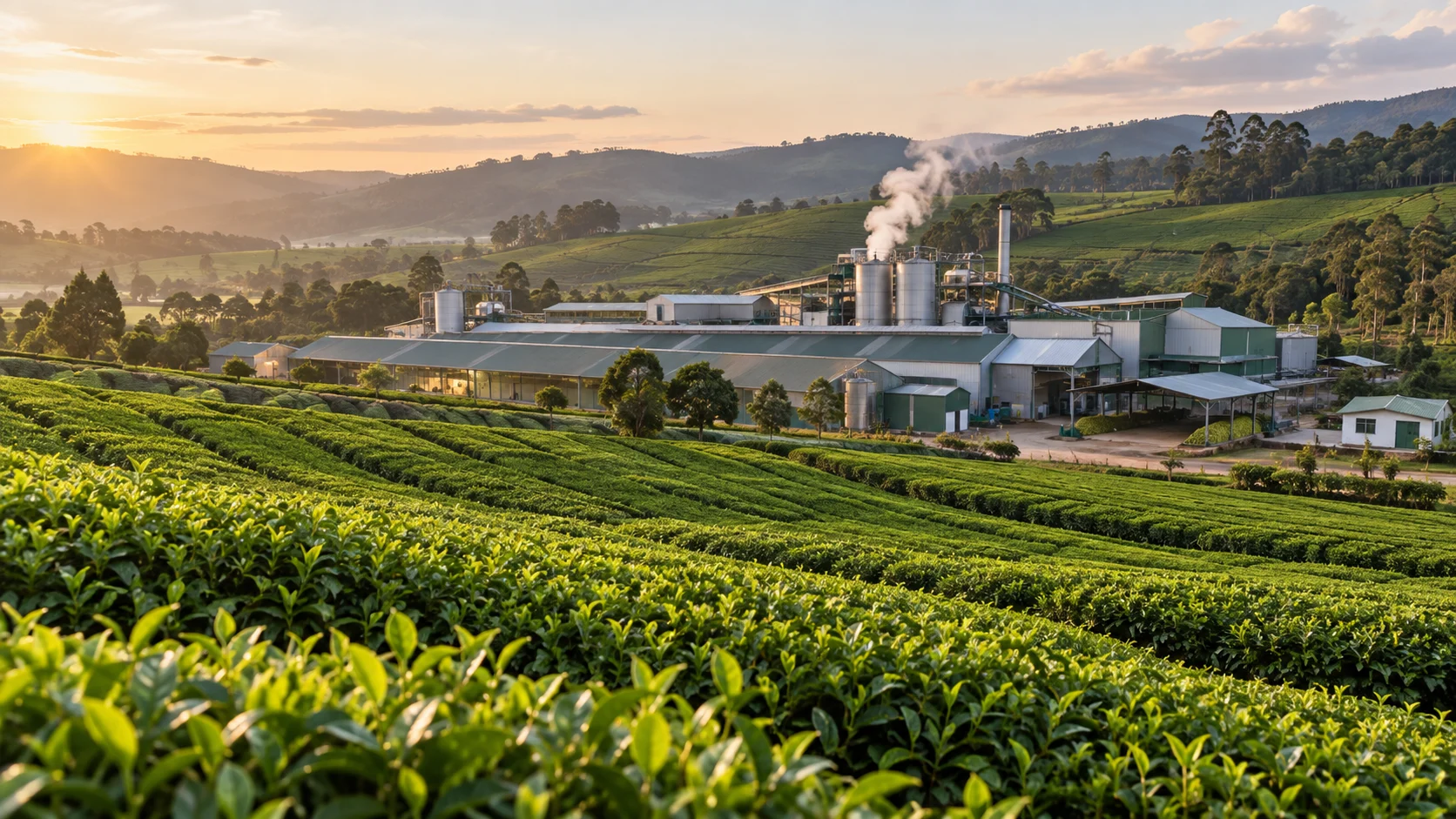 Modern tea processing factory surrounded by green tea fields in the African highlands