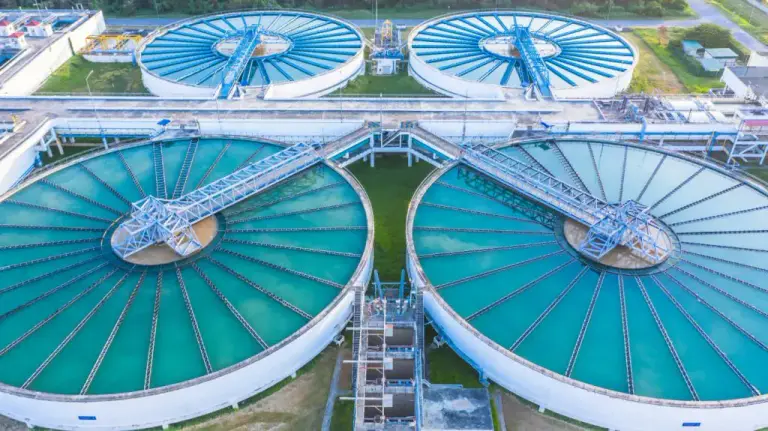 Aerial view of circular sedimentation clarifiers used in wastewater treatment