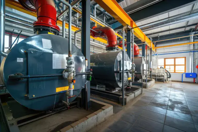 Packaged fire-tube shell boilers with burners and fuel trains in an industrial boiler room
