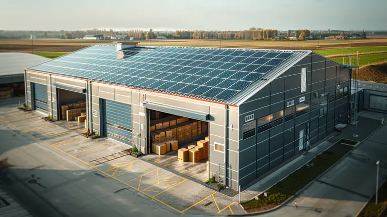 solar for factories Africa aerial view modern warehouse with solar panels roof aerial drone photo